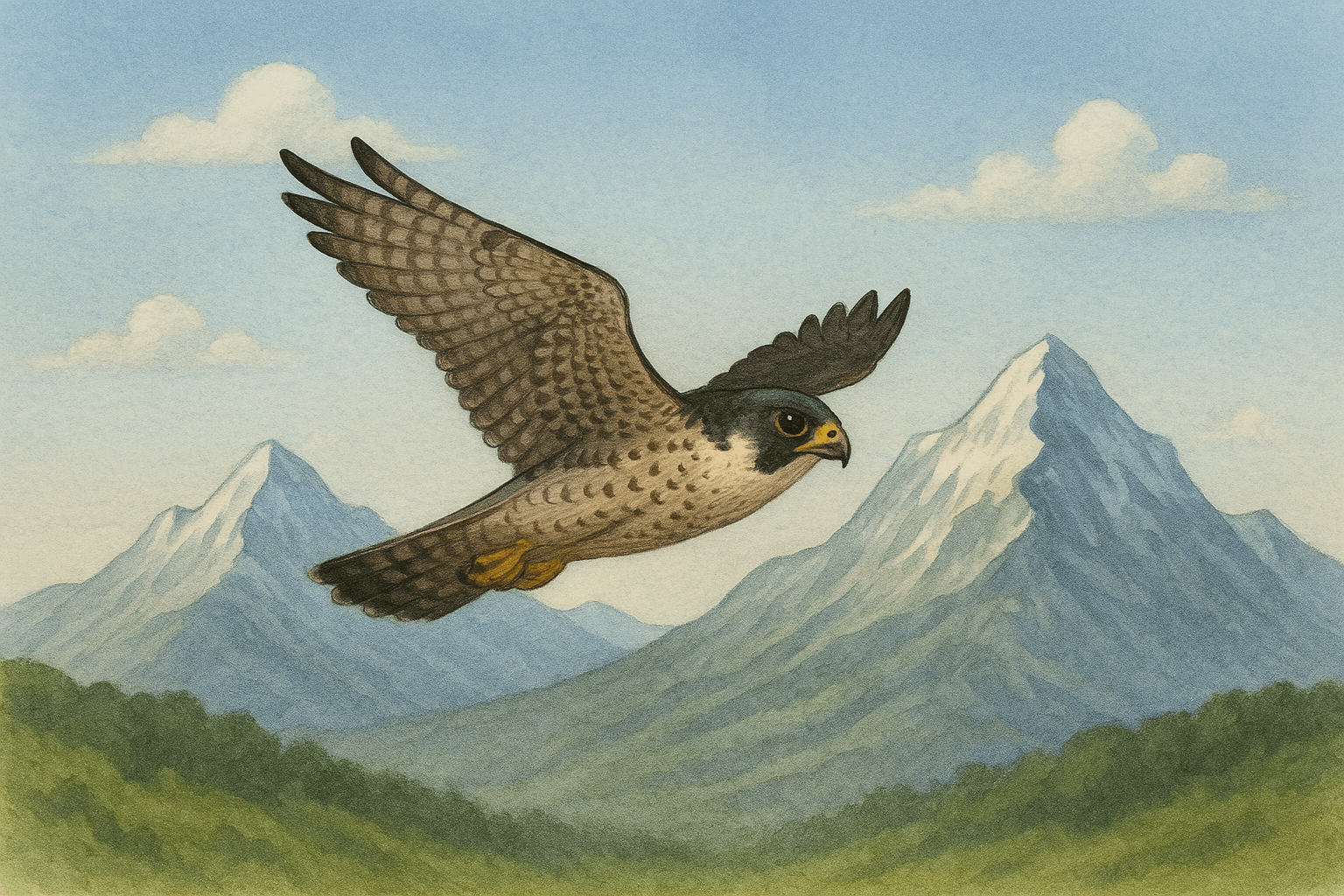Falcon soaring over mountains